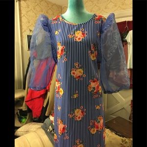 Blue Striped Floral Maxi Dress with Capped and Sheer Puff Sleeves Slit Skirt 2X